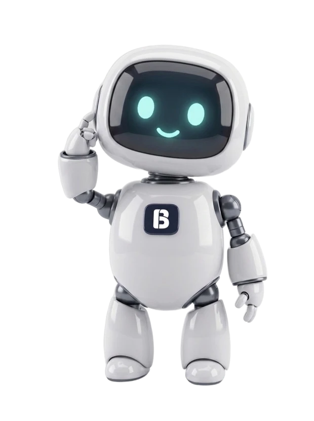 Build 76 mascot robot in a friendly, curious thinking pose